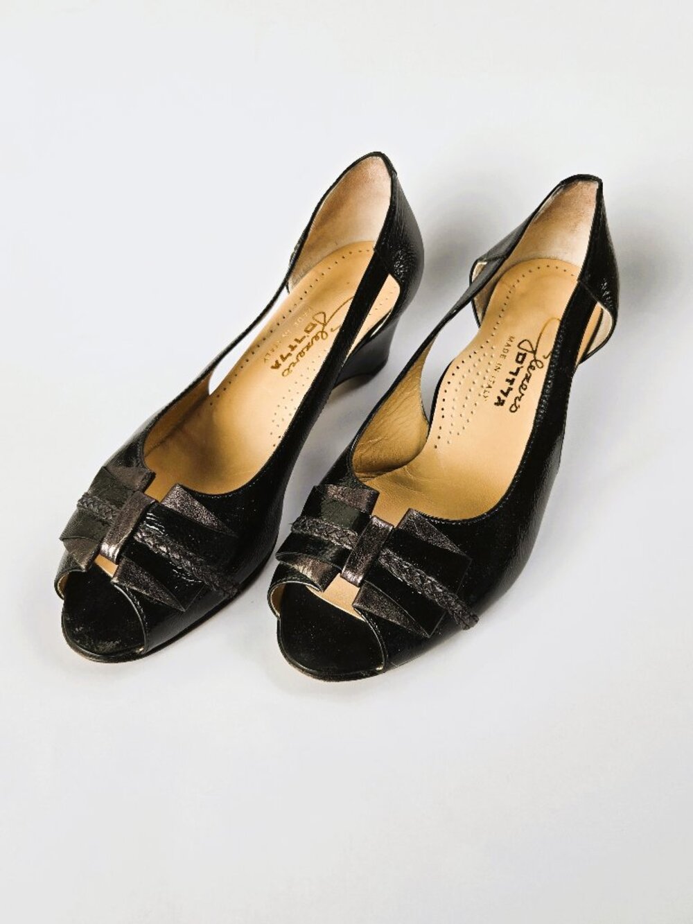 Vintage Glezer’s Italian Black Patent Leather Peep Toe Wedge Shoes EU 40